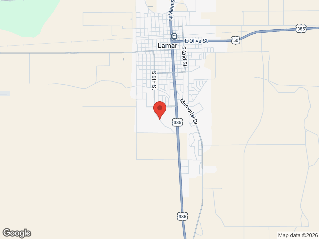 Map showing Prowers County Fairgrounds, Lamar, CO